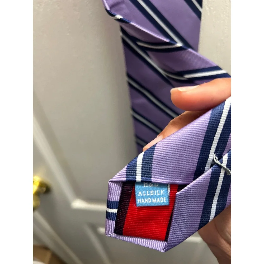 Haines & Bonner London 100% Silk Handmade Purple Striped Necktie Mens